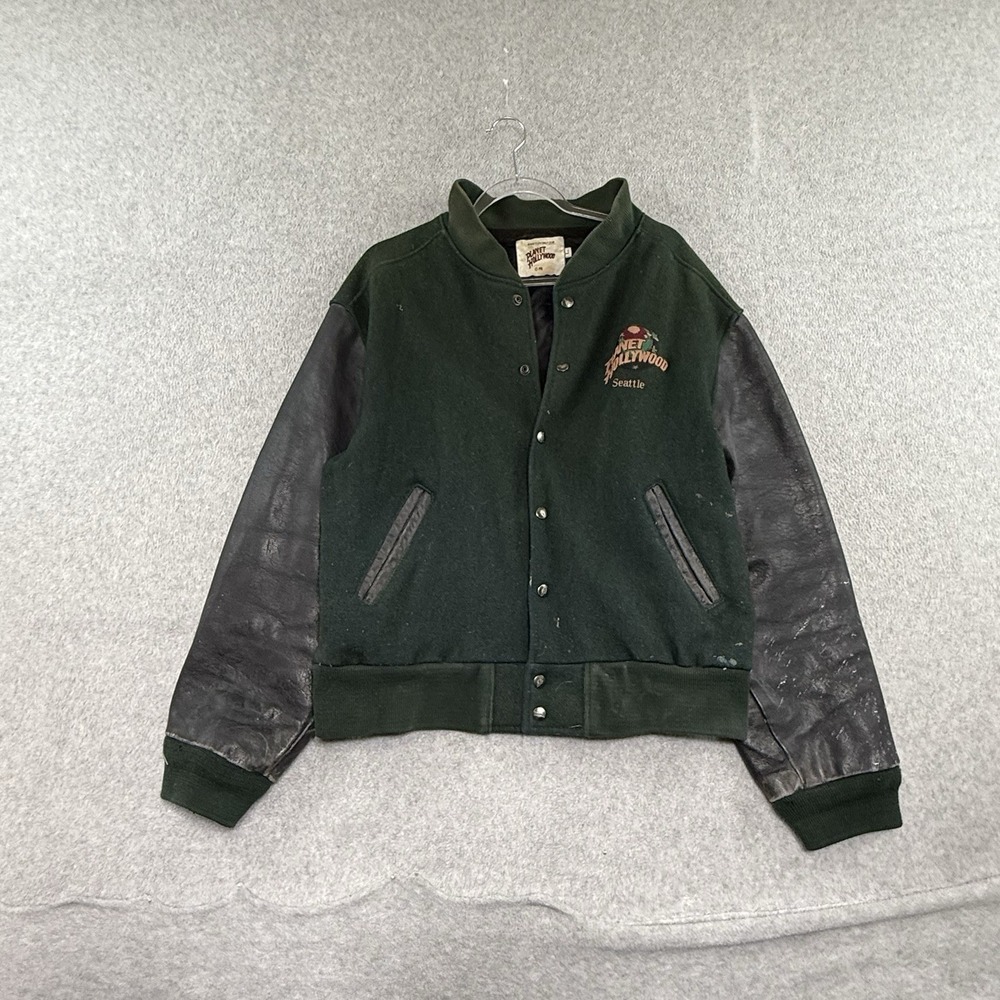 Planet Hollywood Vintage 90s Seattle Leather Varsity Jacket Green Black Wool L